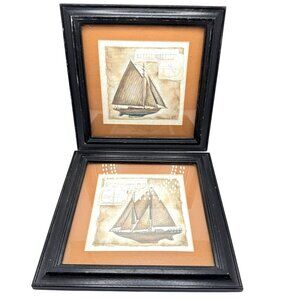 Set Of 2 Nautical Sailboat Prints In Black Wood Frames by Richard A Henson Vtg